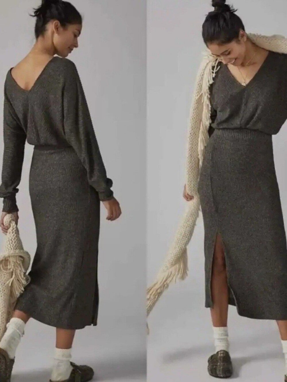 Anthropologie Daily Practice Barre Midi Dress Leg-Slit Ribbed Knit Sweater Dress